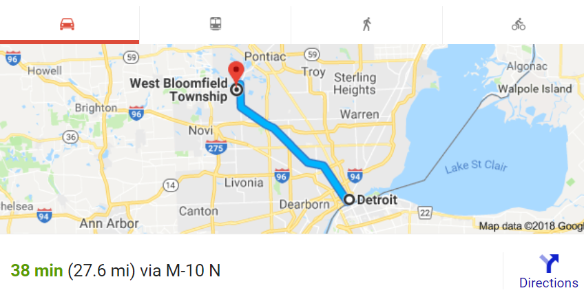 This map shows the roads travelled from West Bloomfield, MI to Detroit, MI. M-10, Northwestern Highway, is the major roadway to cover the 27 miles by car.