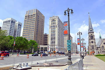 Detroit street view with pendants of Detroit Tigers on the lightposts.