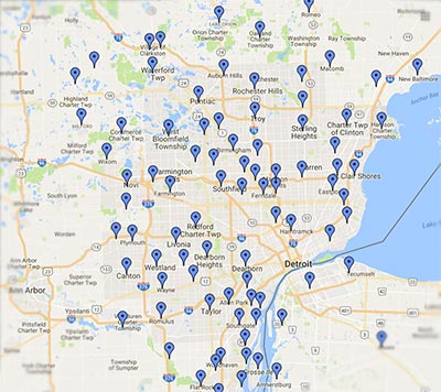 Map of Metro Detroit Suburban Cities displaying pins for each location.
