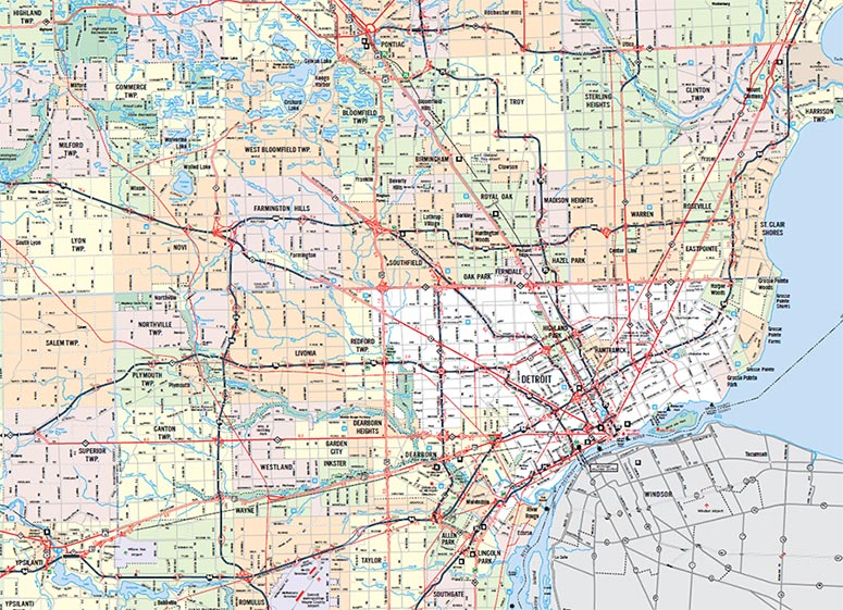 Area Map of Metro Detroit published by Michigan Department of Transportation illustrates all the municipalities and roadways.