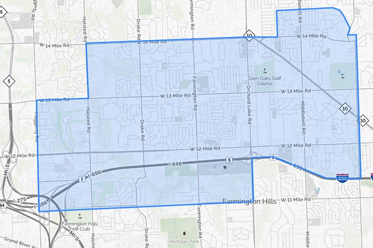 Boundary map for North Farmington High School is between Haggerty Road and Inkster Road, with the north-south boundary covering 11 Mile Road to 14 Mile Road in Farmington Hills, MI.